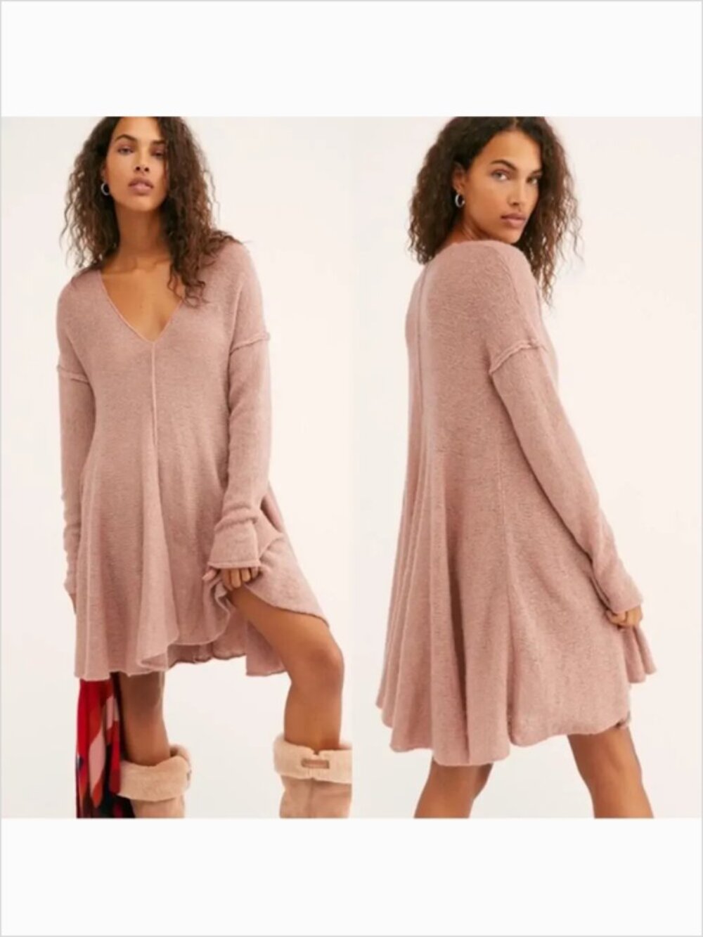 Free People XS Dancing in the Forest Sweater Dress Mauve V-Neck Ruffle-Hem